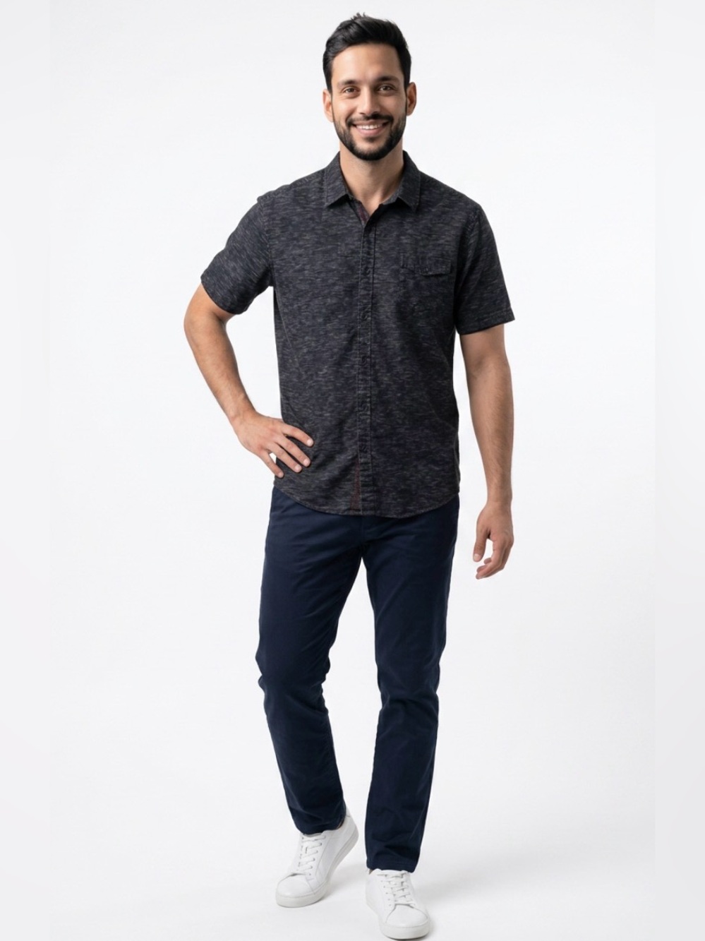 Hudson & Barrow Men's Short Sleeve Heathered Charcoal Button-Down Shirt